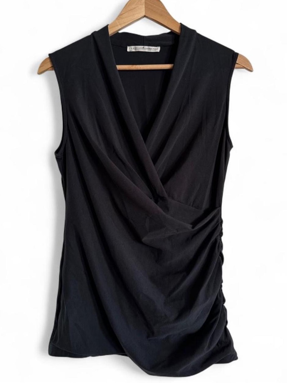 Peruvian Connection Pima Cotton Draped Ruched Faux Wrap Top Charcoal Minimalist - Picture 2 of 8